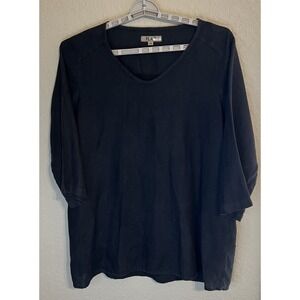 Women's Black Flax 3/4 Sleeve 100% Linen Top Size Medium M Pullover V Neck